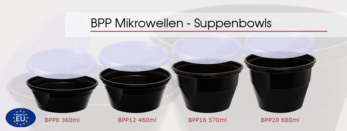 MEHRWEG Mikrowellen Saucen- oder Suppenbowl black PP8, 300/360ml, mit klarem Deckel, 450 Stück/Karton