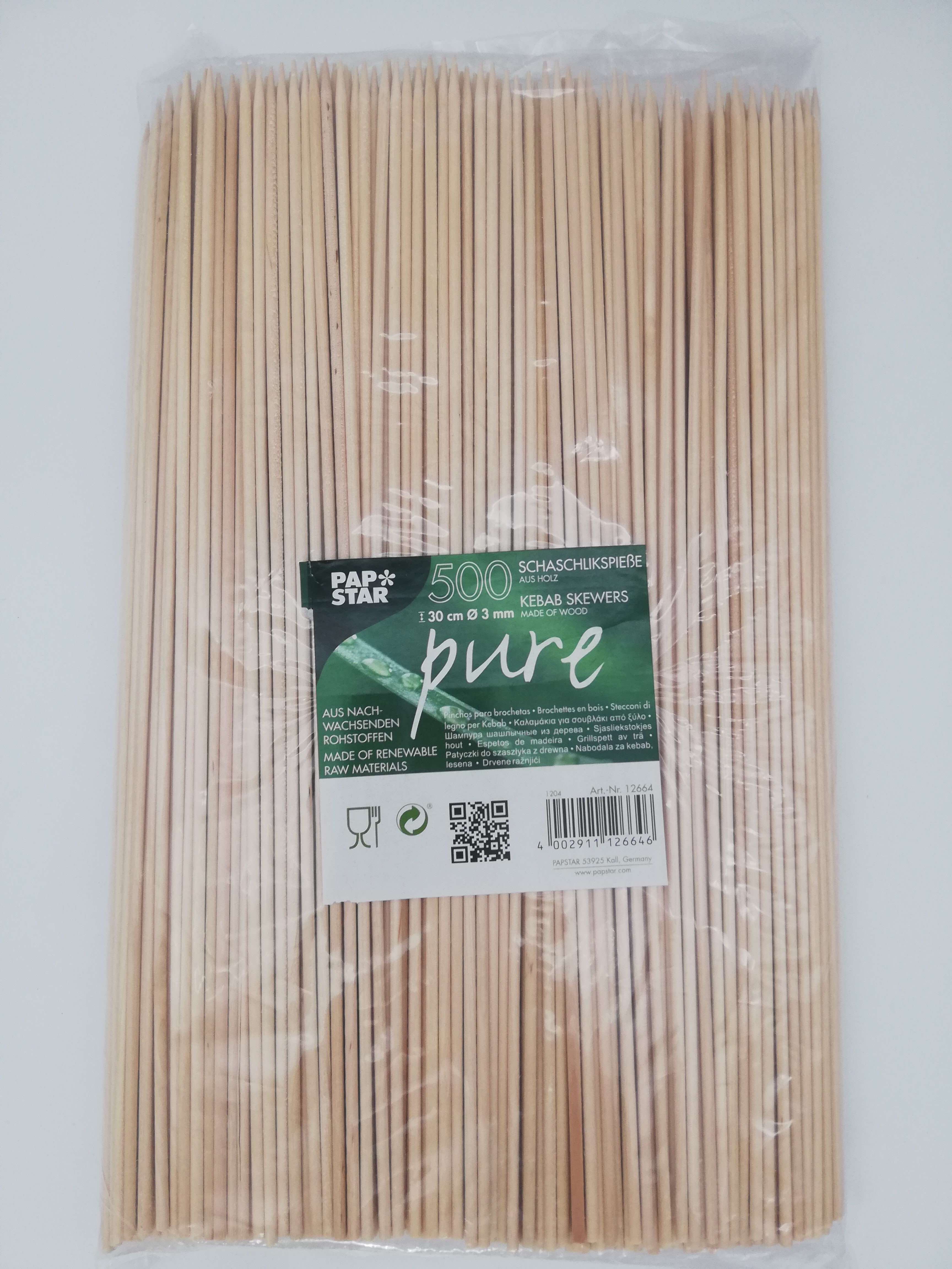 Schaschlik-Spieße 30cm/3mm, Holz, 500 Stück/Packung