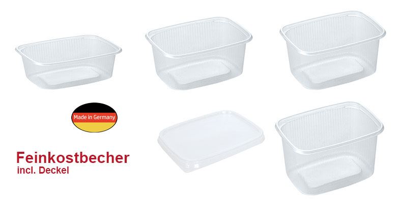 Feinkost-, Salat- und Verpackungsbecher "eckig" mit Deckel, gerippt, 500ml, 100 Stück/Packung