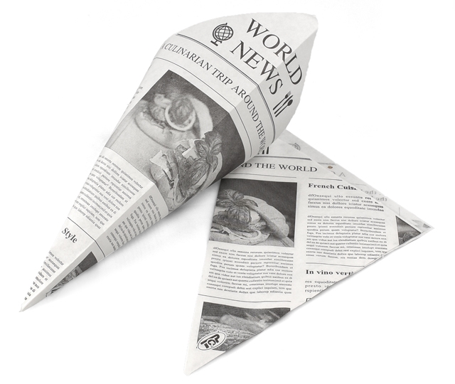 Pommes Frites Spitztüte "Newspaper" für 125g, 1000 Stück/Karton Pommes Frites Spitztüte "Newspaper" für 125g, 1000 Stück/Karton