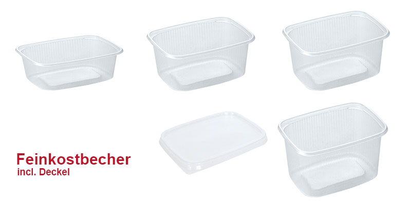 Feinkost-, Salat- und Verpackungsbecher "eckig" mit Deckel, gerippt, 250ml, 100 Stück/Packung