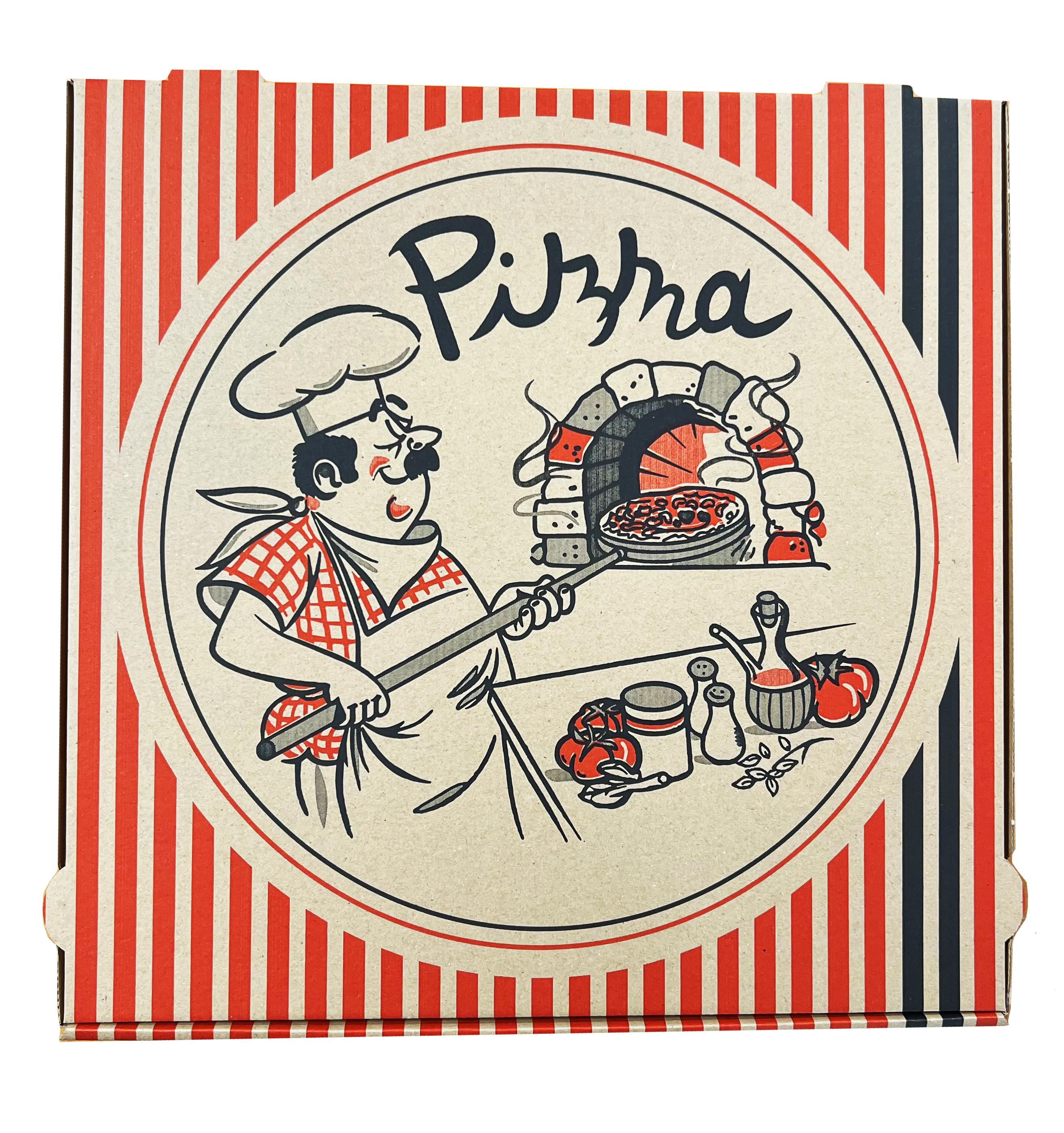 Pizza-Karton, Pizzabox 29x29x4 cm, Motiv "Pizzabäcker", braun, 100 Stück/Packung