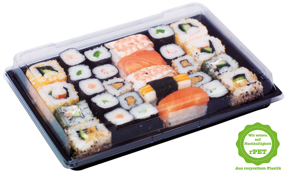 rPET Sushi-Schalen "T50", Komplett SET, 255x185x20 mm, 200 Stück/Karton